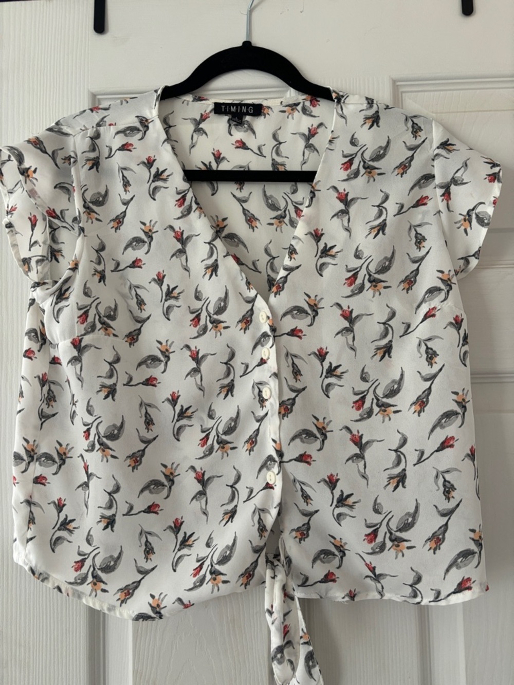 Timing White Floral Tie-Front Blouse with Red and Gray Accents